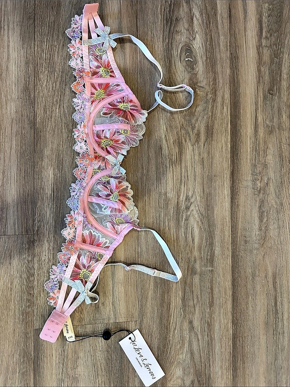 NWT For Love & Lemons Anemone Floral Underwire Bra Pink & Silver XXS